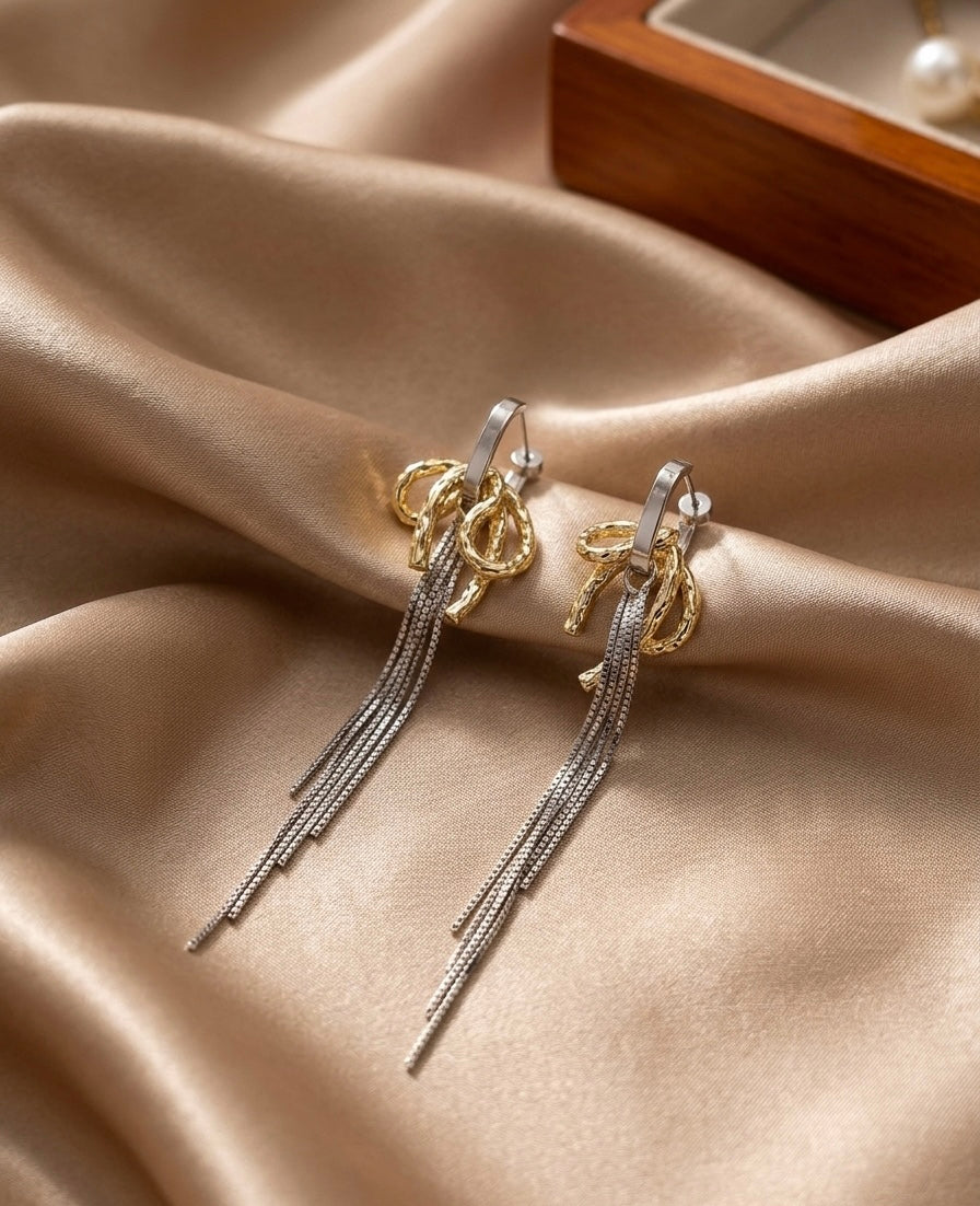 Elara Dual Tone Bow Shape Drop Chain Earrings