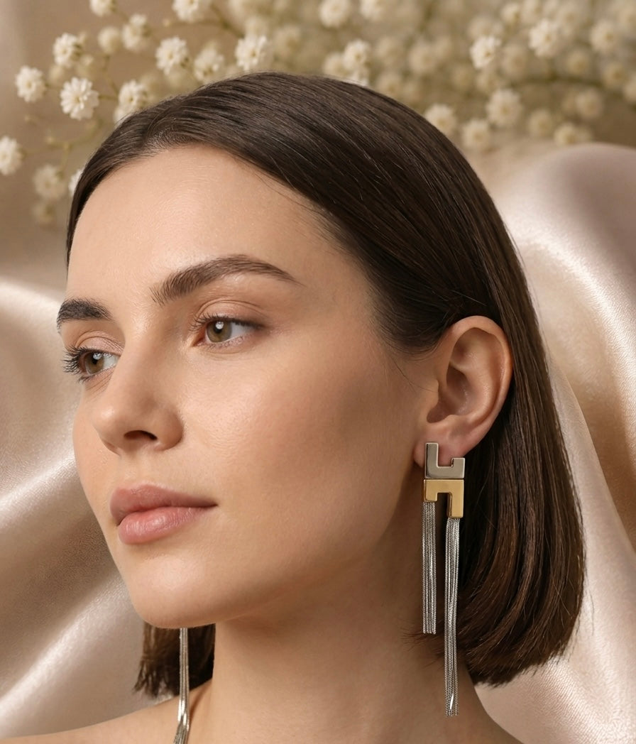 Stellar H Shape Dual Tone Drop Chain Earrings