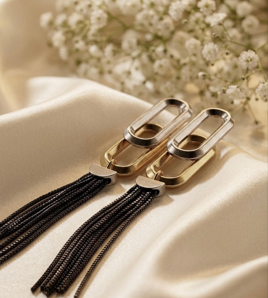 Midnight Moon Dual Tone Drop chain earrings