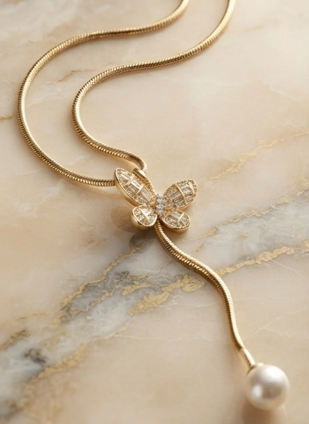 Rosalia Butterfly Pearl Lariat Necklace