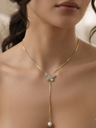 Rosalia Butterfly Pearl Lariat Necklace