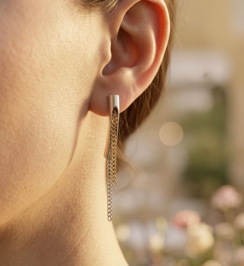 Celestial Tube Dual Tone Drop Chain Earing