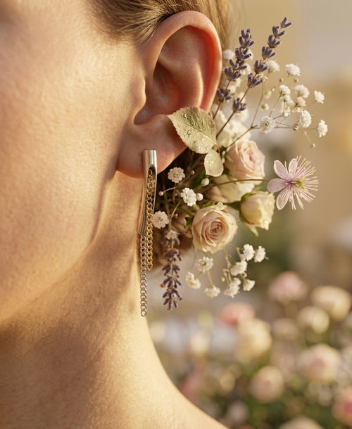 Celestial Tube Dual Tone Drop Chain Earing