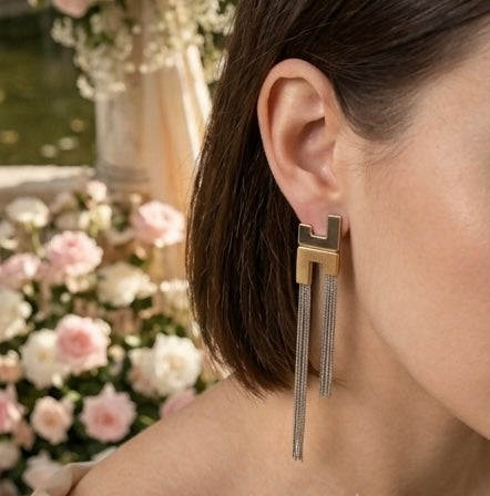 Stellar H Shape Dual Tone Drop Chain Earrings