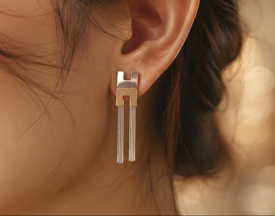 Stellar H Link Dual Tone Drop Chain Earings