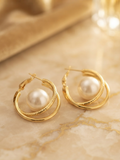 Double Hoop Gold Tone Pearl Earrings