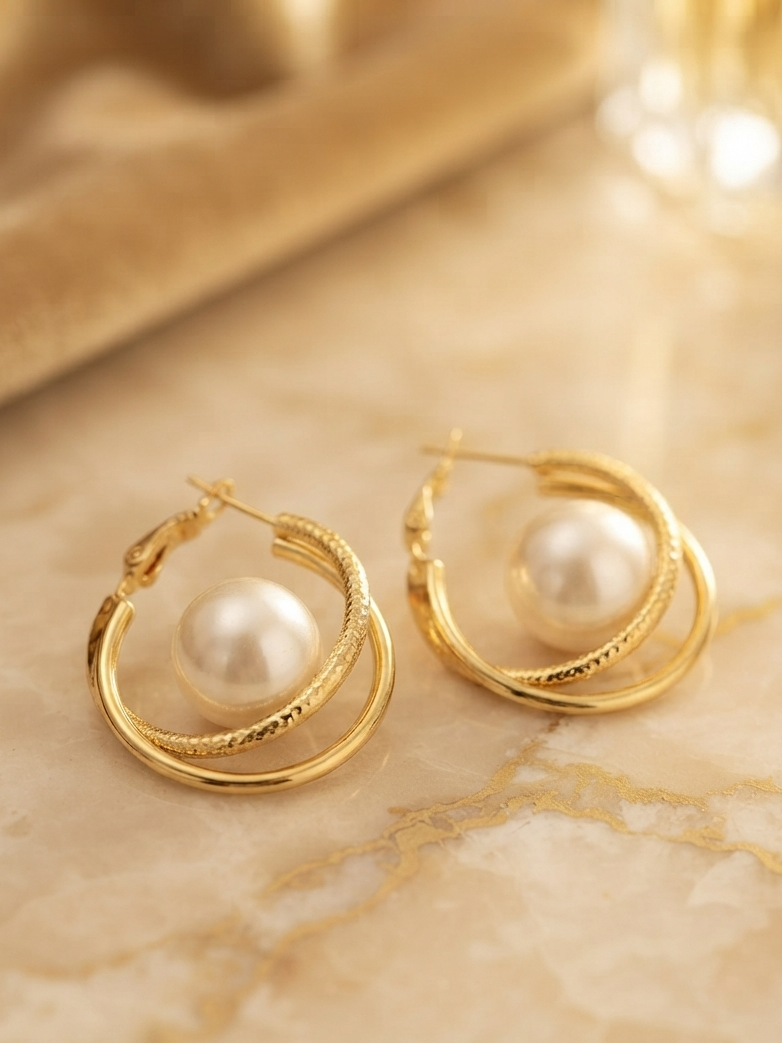 Double Hoop Gold Tone Pearl Earrings