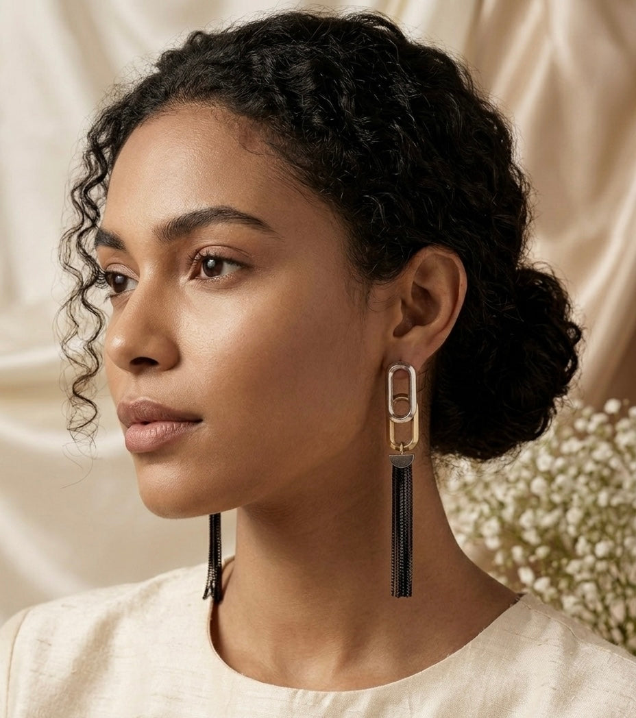 Midnight Moon Dual Tone Drop chain earrings