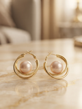 Double Hoops Gold Tone Rose Pearl Earrings
