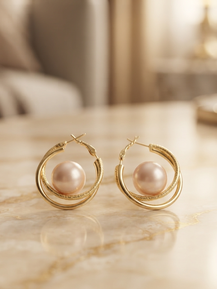 Double Hoops Gold Tone Rose Pearl Earrings