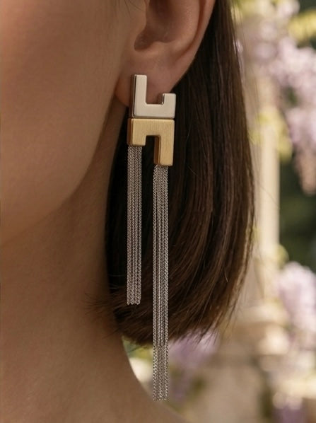 Stellar H Shape Dual Tone Drop Chain Earrings