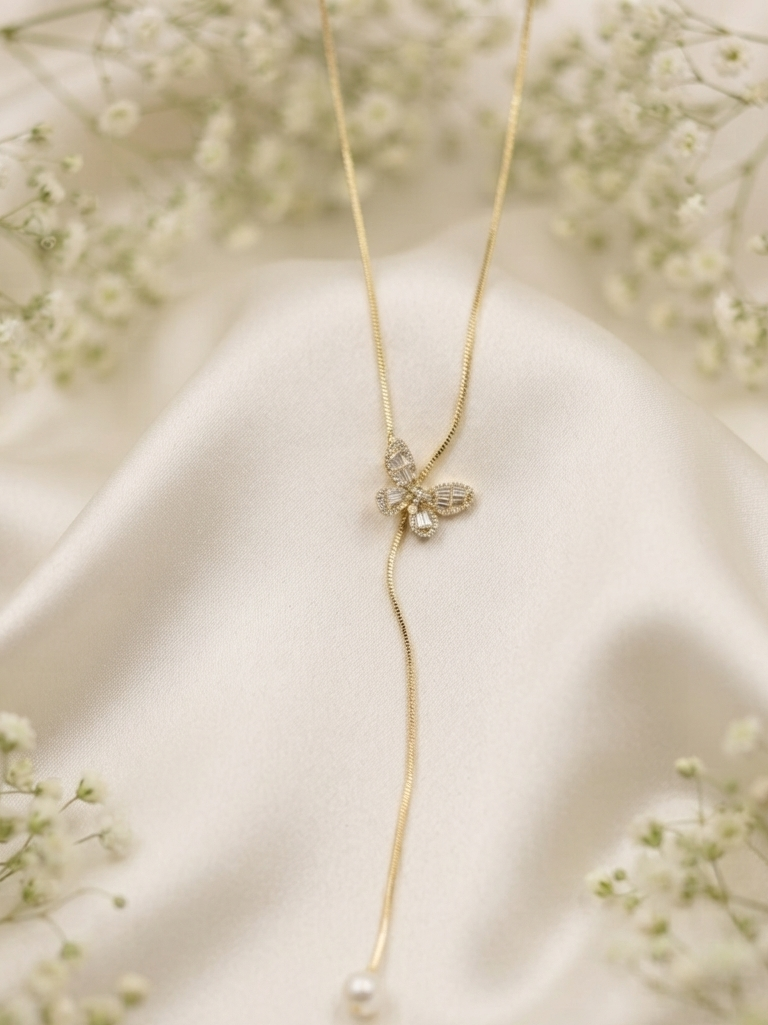 Rosalia Butterfly Pearl Lariat Necklace