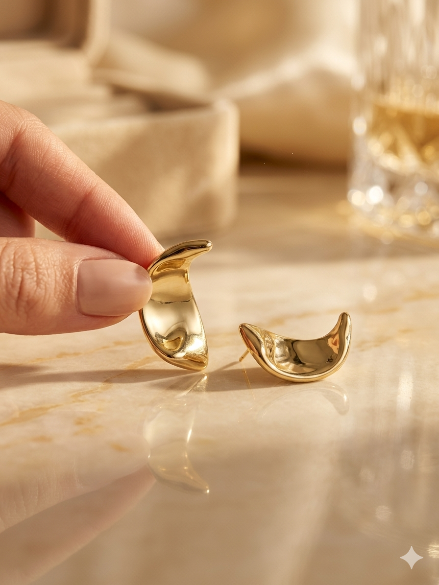 Crescent Glow Golden Curve Stud Earings