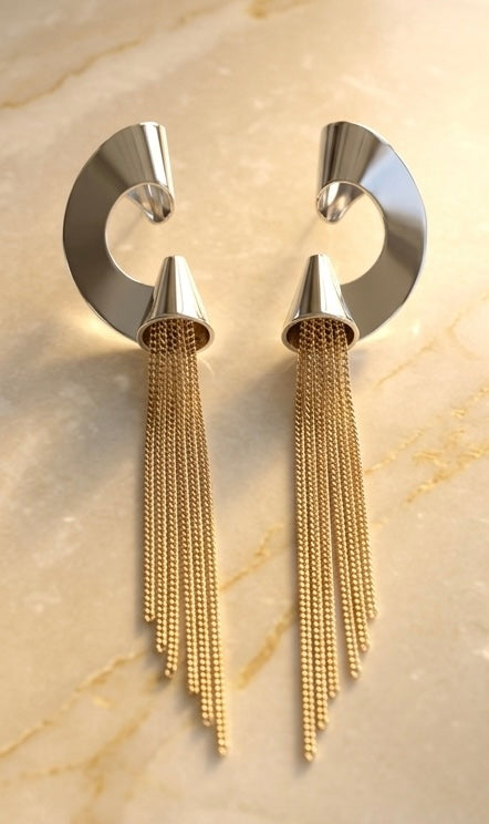 Stellar Ray Dual Tone Drop Chain Earrings
