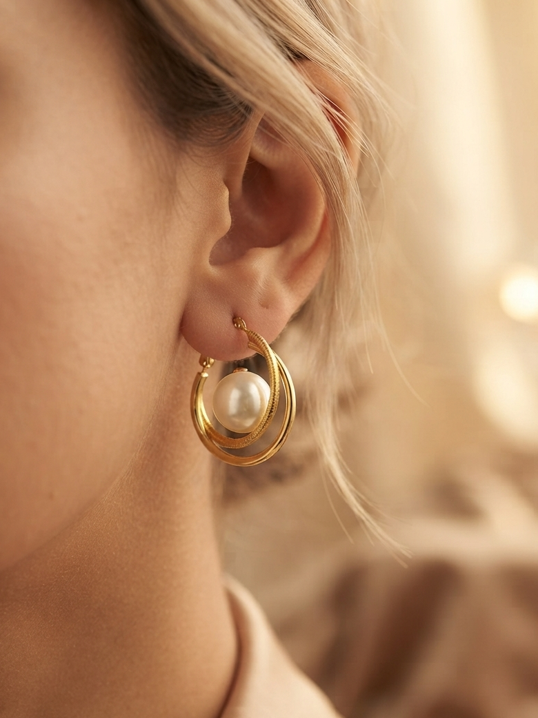 Double Hoop Gold Tone Pearl Earrings