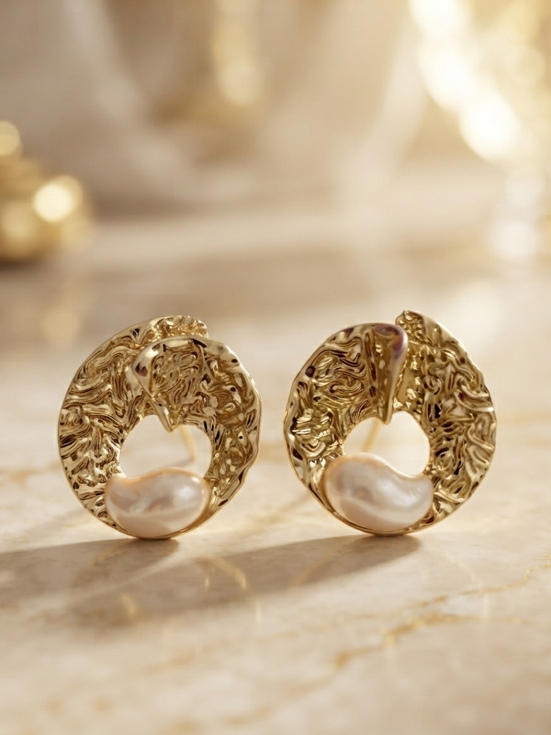The Gilded Ripple & Pearl Studs