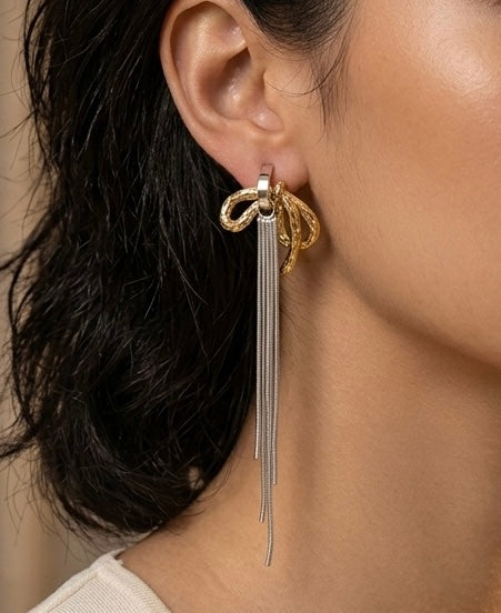 Elara Dual Tone Bow Shape Drop Chain Earrings