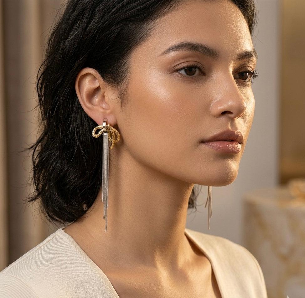 Elara Dual Tone Bow Shape Drop Chain Earrings