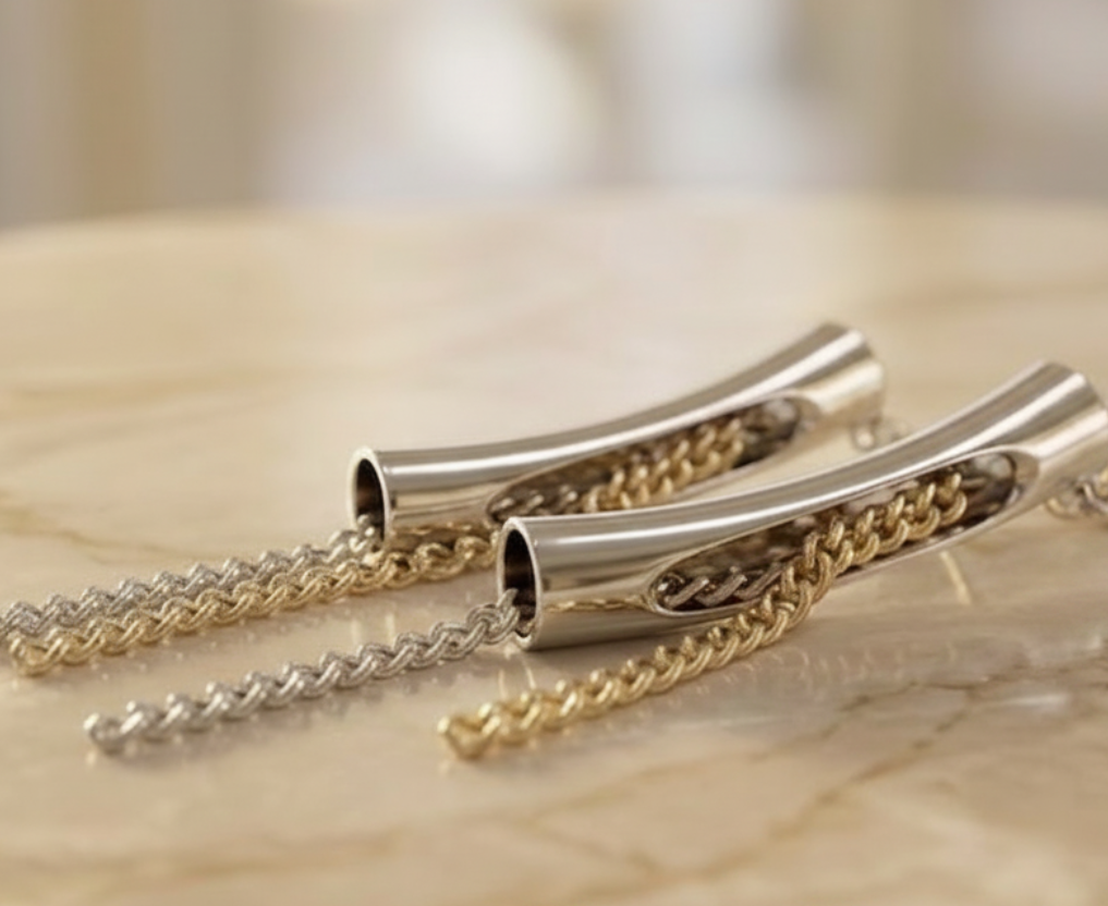 Celestial Tube Dual Tone Drop Chain Earrings